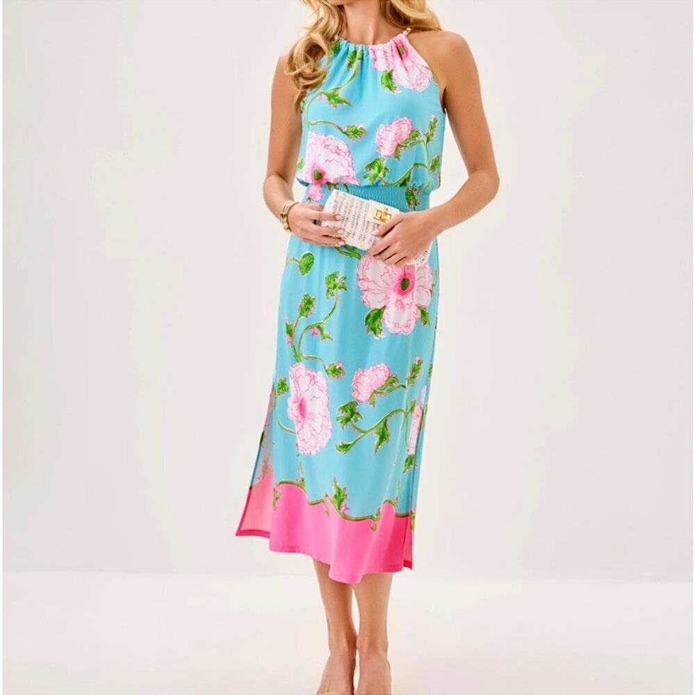NWT Lilly Pulitzer Gracelyn Halter Midi Dress Fresh Water Blue Bursting Blooms M